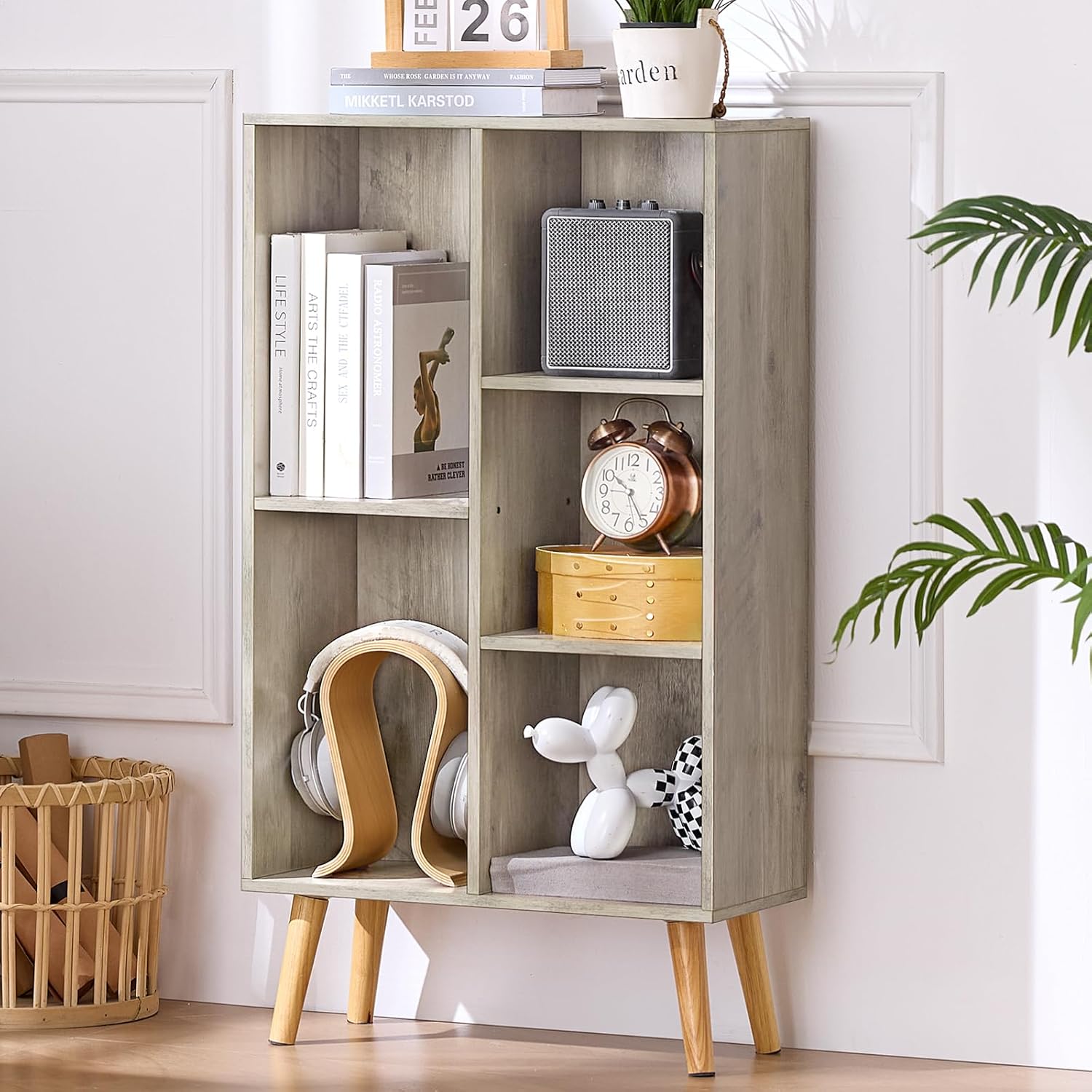 LEYAOYAO Wooden 7 Cube Book Shelf Natural Bookshelf Legs Modern Open Storage Organizer wourant