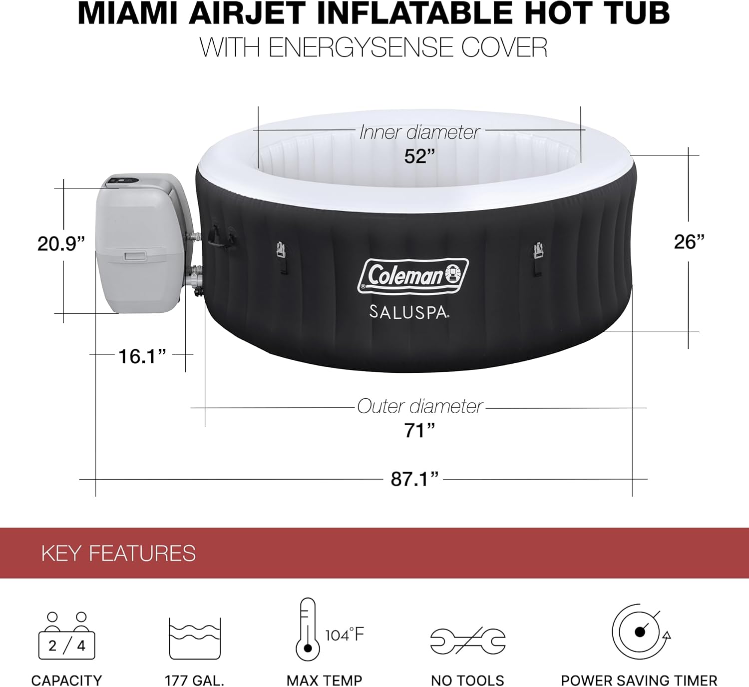 Coleman SaluSpa Miami AirJet 2 to 4 Person Round Inflatable Hot Tub Portable Outdoor Spa with 120 Soothing AirJets and Insulated Cover, Black wourant