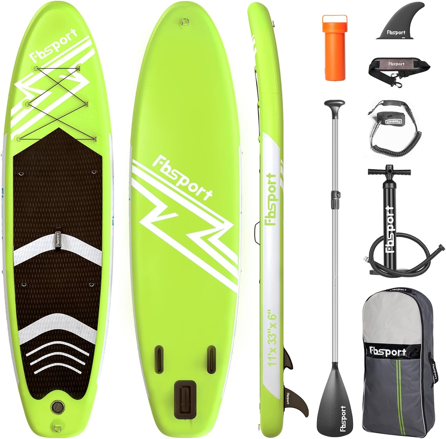 FBSPORT 11' Premium Stand Up Paddle Board, Yoga Board with Durable SUP Accessories & Carry Bag | Wide Stance, Surf Control, Non-Slip Deck, Leash, Paddle and Pump for Youth & Adult wourant