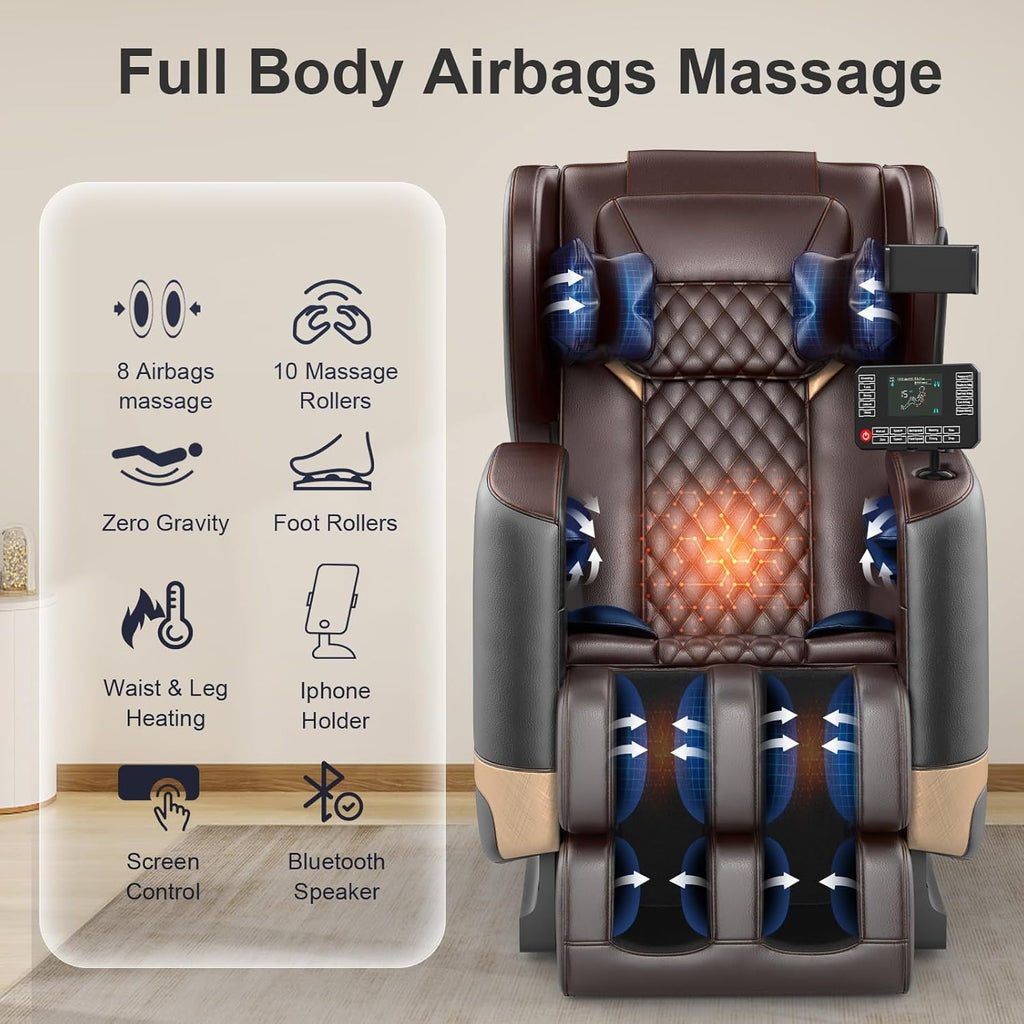 2025 Massage Chair Full Body, Zero Gravity Massage Chair with 10 Fix Rollers, Heating, Foot Massage, Auto Modes, Bluetooth Speaker, Touch Screen Controller (Brown Premium) wourant