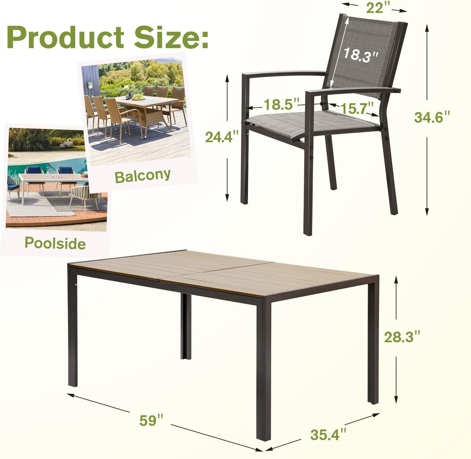 Homall Patio Dining Set 7 Pieces Outdoor Furniture Table and 6 Textilene Chairs, Light Grey wourant