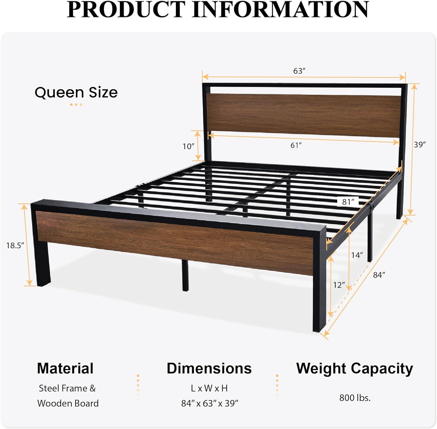 SHA CERLIN 14 Inch Queen Size Metal Platform Bed Frame with Wooden Headboard and Footboard wourant