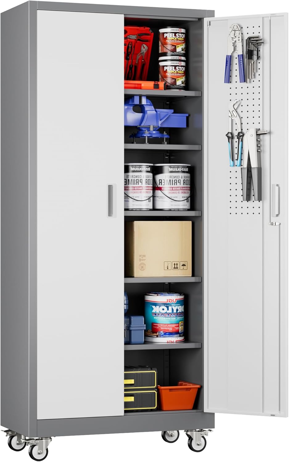 Aobabo 73''H Metal Garage Storage Cabinet with Wheels,Steel Cabinets with 2 Doors and 4 Adjustable Shelves for Home Office,Required Assembly,Black wourant