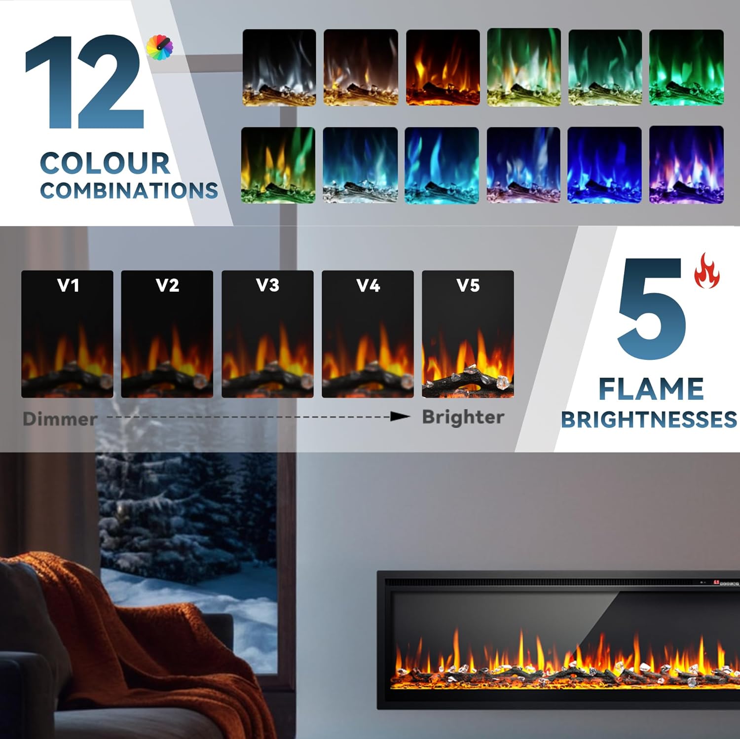 EUHOMY 50 Inch Electric Fireplace Wall Recessed and Wall Mounted with Adjustable Flame Color, Fireplace Heater with Remote Control, Linear Fireplace with Timer, Touch Screen, Log & Crystal, 750/1500W wourant