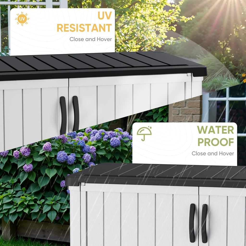 Devoko Outdoor Storage Cabinet 26 Cu Ft with Lockable Doors, Horizontal Storage Shed Waterproof Patio Tools Storage Box wourant