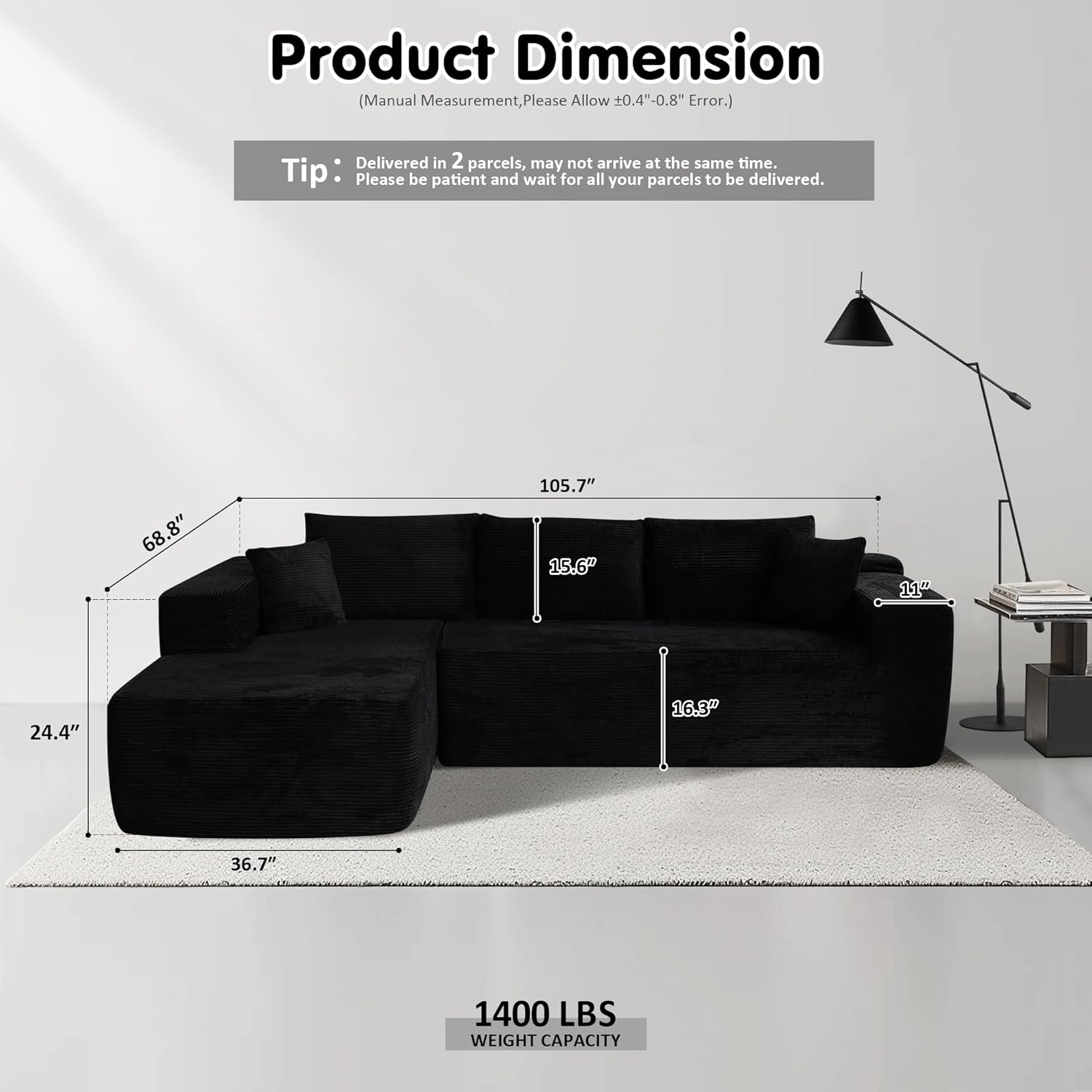 Ovios 104" Cloud Section Sofa L-shaped lounge chair, modern modular sofa wourant