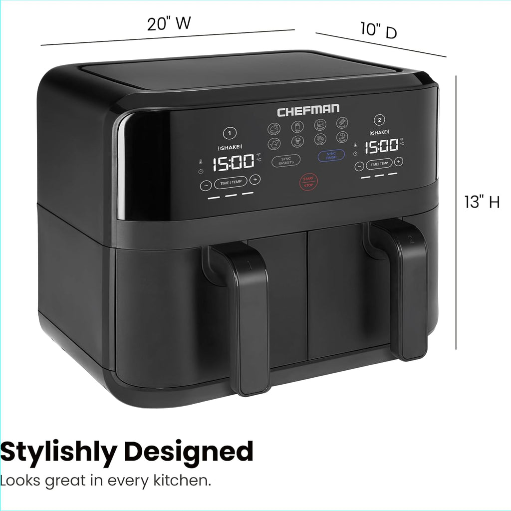 Chefman 6 Quart Dual Basket Air Fryer - Digital Touchscreen, Smart Sync Finish, Hi-Fry, Auto Shutoff, 2 Independent 3QT Nonstick Dishwasher-Safe Frying Baskets - Digital Double Air Fryer - Black wourant