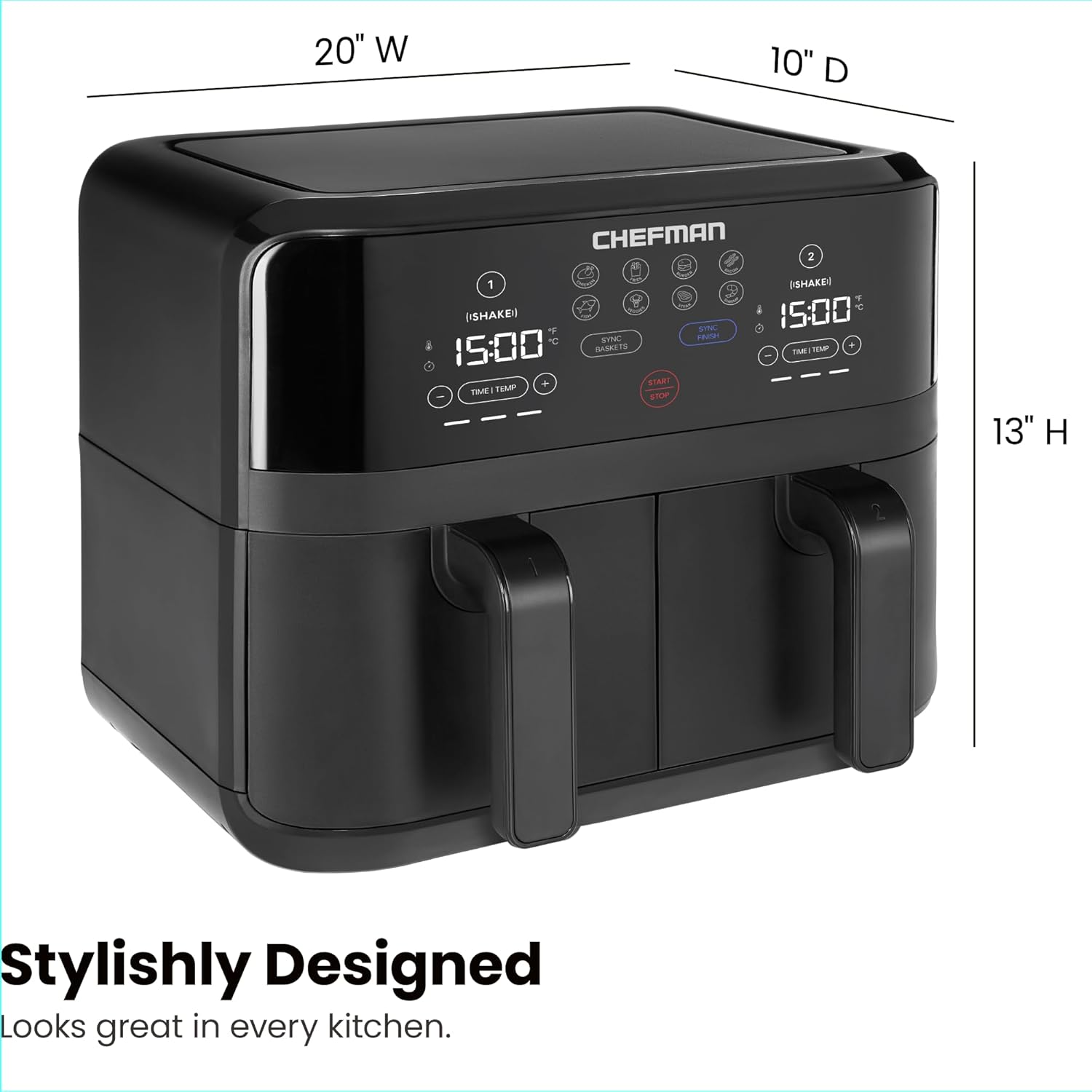 Chefman 6-Quart Dual Basket Air Fryer - Digital Touchscreen, Smart Sync Finish, High-Frying, Auto-Off, 2 Independent 3-Quart Nonstick Pans, Dishwasher-Safe Baskets wourant