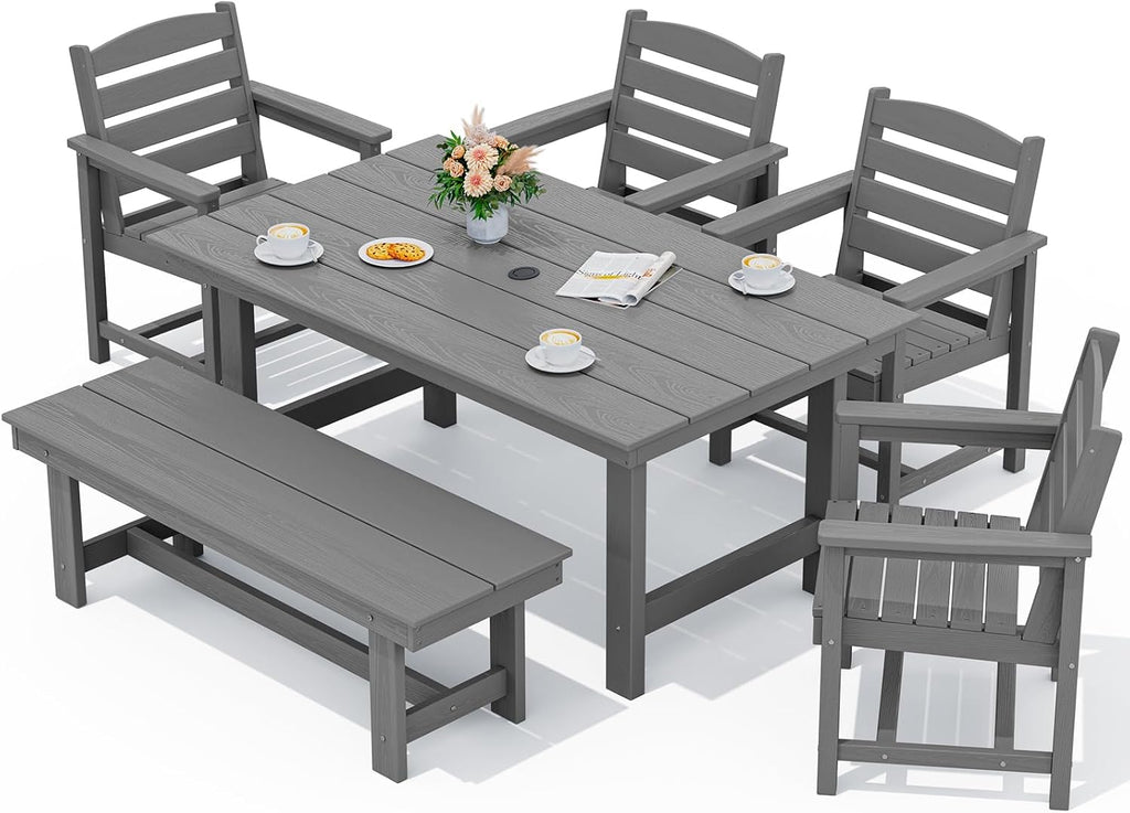 Outdoor HDPE Dining Table Set, 7-Piece Outdoor Dining Table Sets with Umbrella Hole Cut-Out Table and 6 Chairs wourant