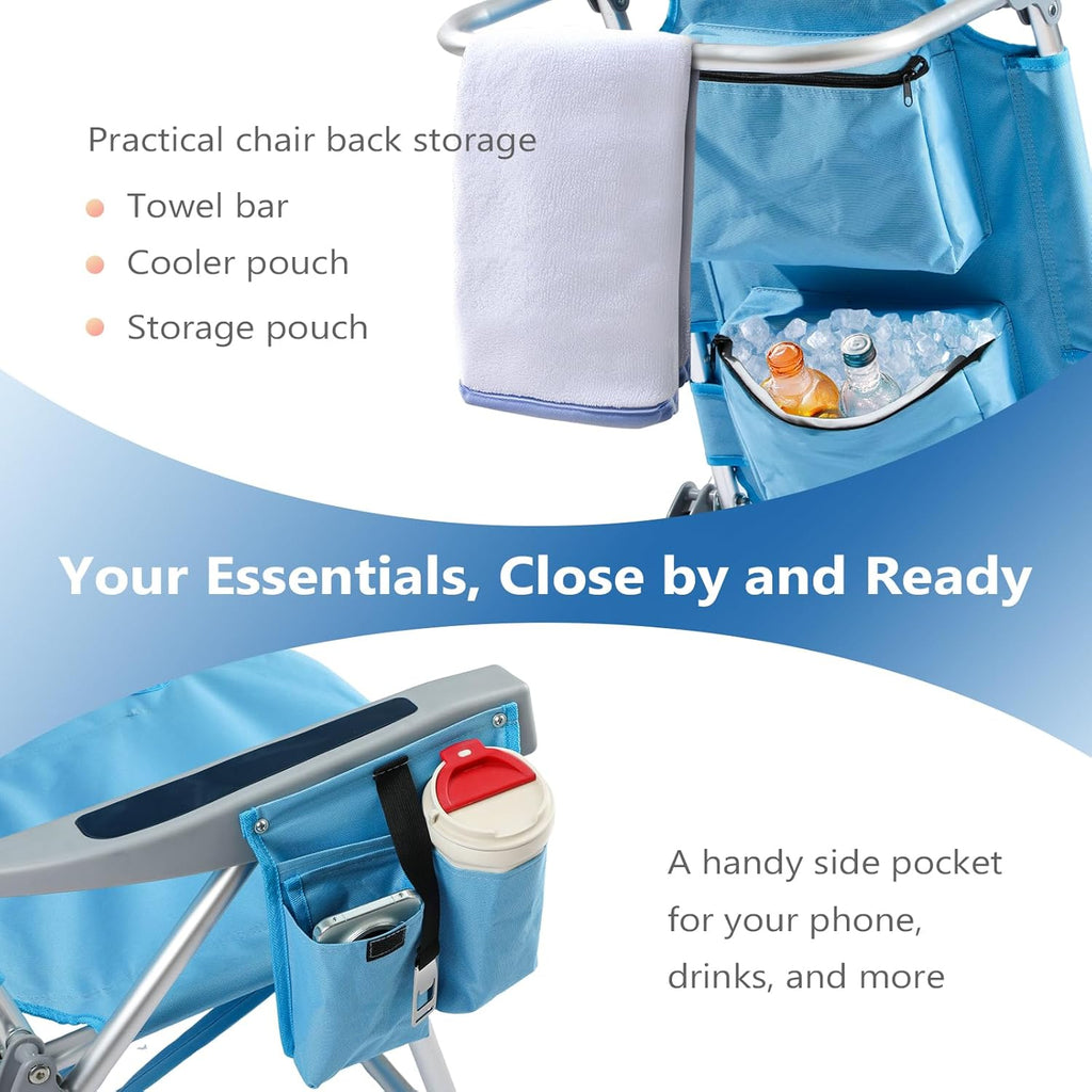 5-Position Aluminum Lay Flat Tall Backpack Beach Chairs 2 Pack Compact Portable Beach Chairs for Adults with Cooler Pouch, Storage Pouch, Towel Bar, Cup Holder & Phone Holder, Blue Stripe wourant