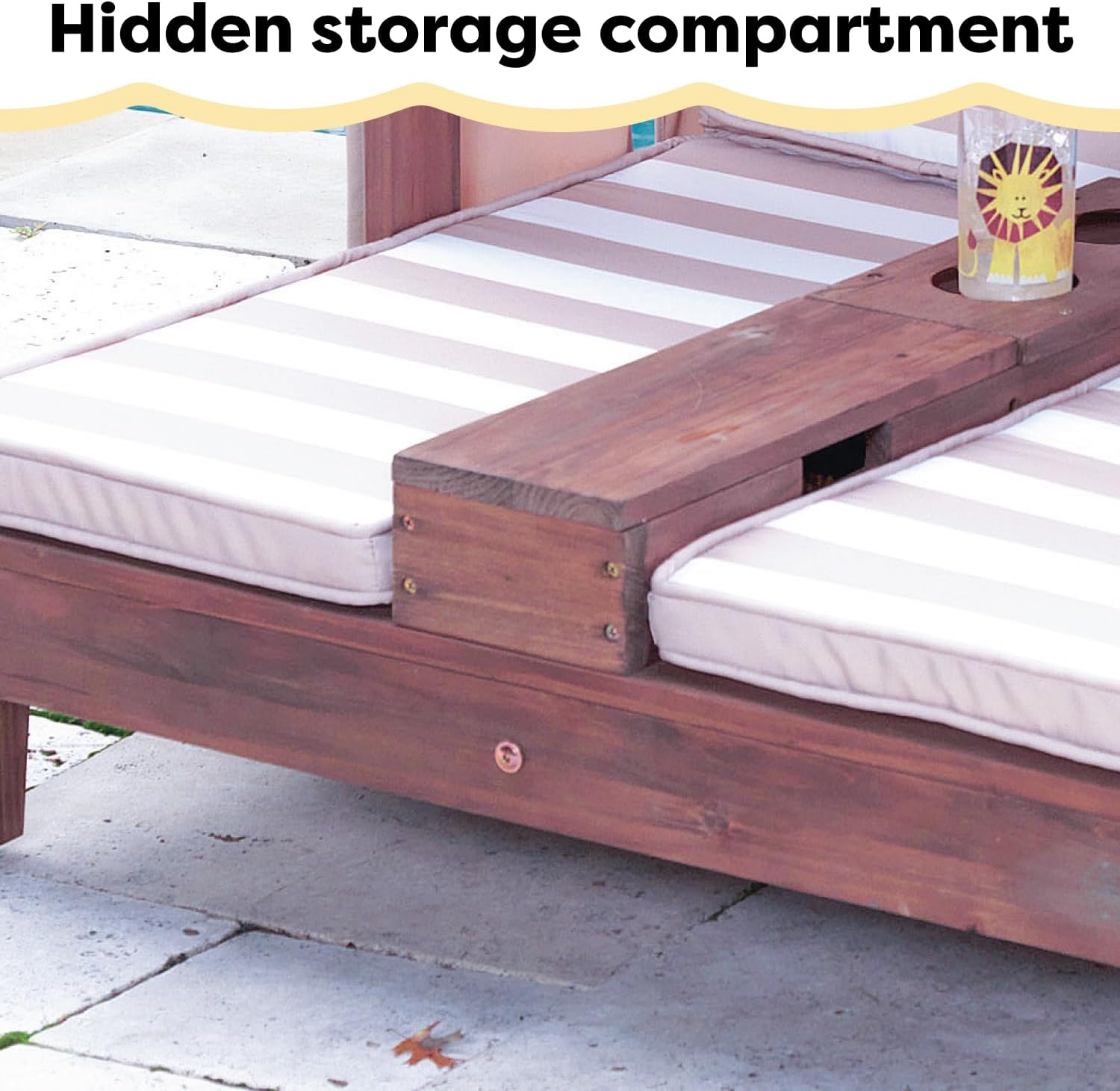 KidKraft Wooden Outdoor Double Chaise Lounge with Cup Holders, Kid's Patio Furniture, Honey with Navy and White Striped Fabric, Gift for Ages 3-8 wourant