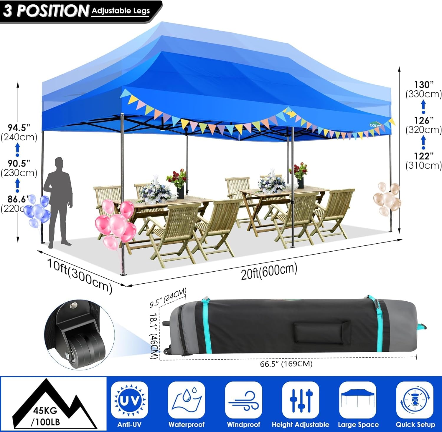 COBIZI 10x20 Heavy Duty Pop up Canopy Tent with 6 sidewalls Easy Up Commercial Outdoor Canopy Wedding Party Tents for Parties All Season Wind & Waterproof Gazebo with Roller Bag,Black(Frame Thickened) wourant