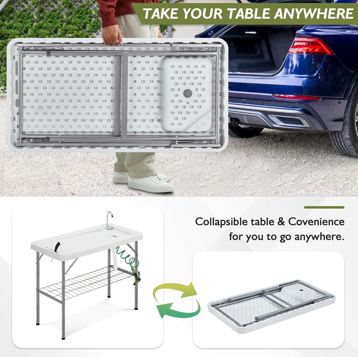 Folding Fish Cleaning Table Portable Camping Sink Table with Faucet Drain Hose and Sprayer Outdoor Fish Fillet Cleaning Station wourant