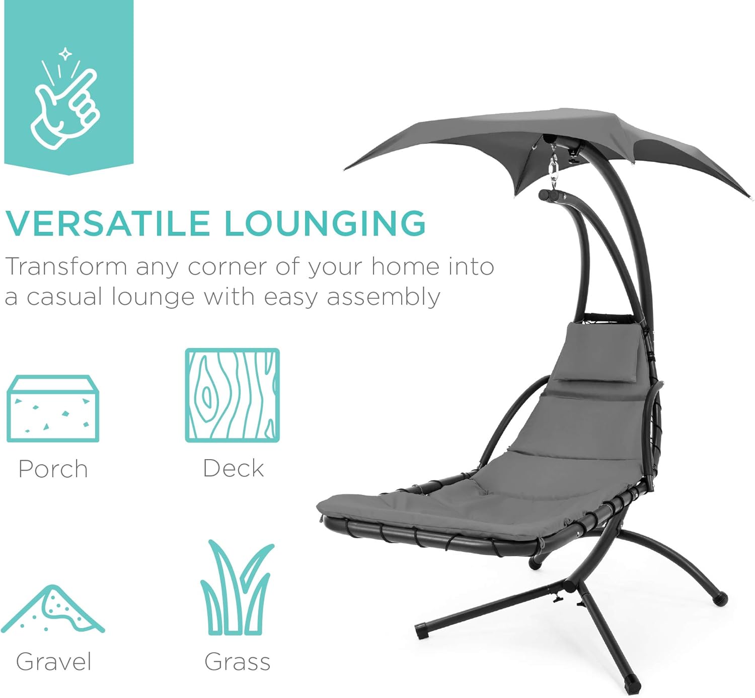 Best Choice Products Outdoor Hanging Curved Steel Chaise Lounge Chair Swing w/Built-in Pillow and Removable Canopy - Charcoal Gray wourant