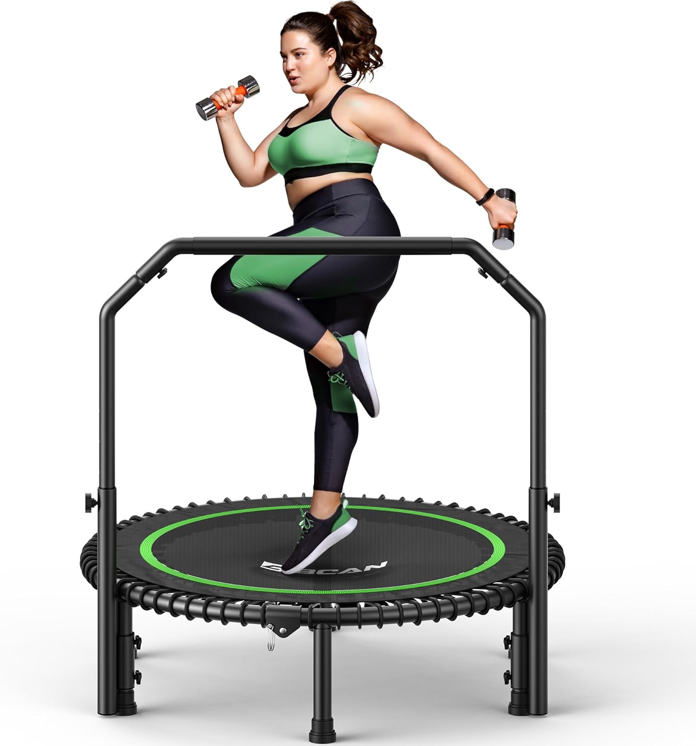 BCAN 450/550 LBS Foldable Mini Trampoline, 40"/48" Fitness Trampoline with Bungees, U Shape Adjustable Foam Handle, Stable & Quiet Exercise Rebounder for Adults Indoor/Outdoor Workout wourant