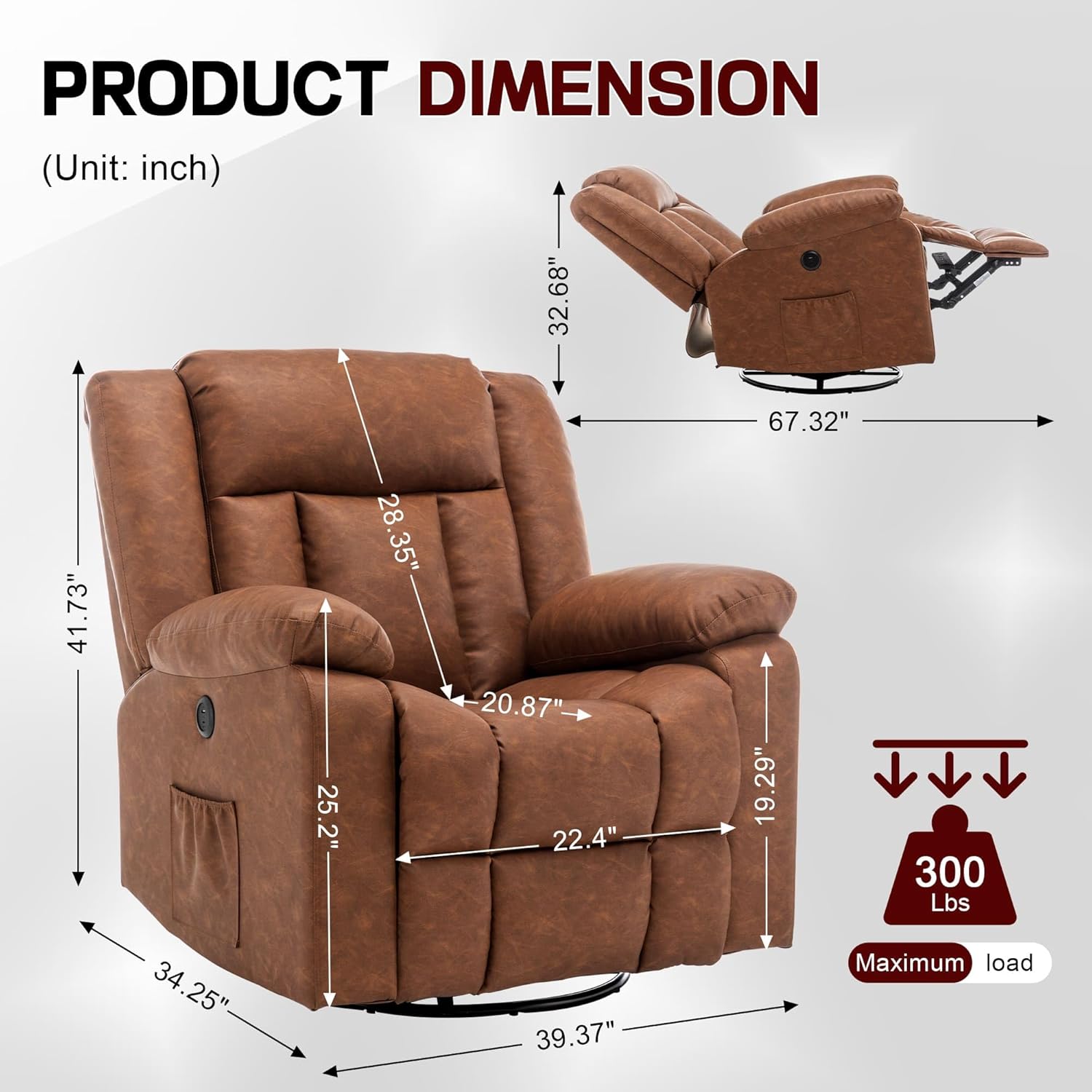 Adult rocking chair, gliding recliner, 360° rotating rocking chair with massage and heating function wourant