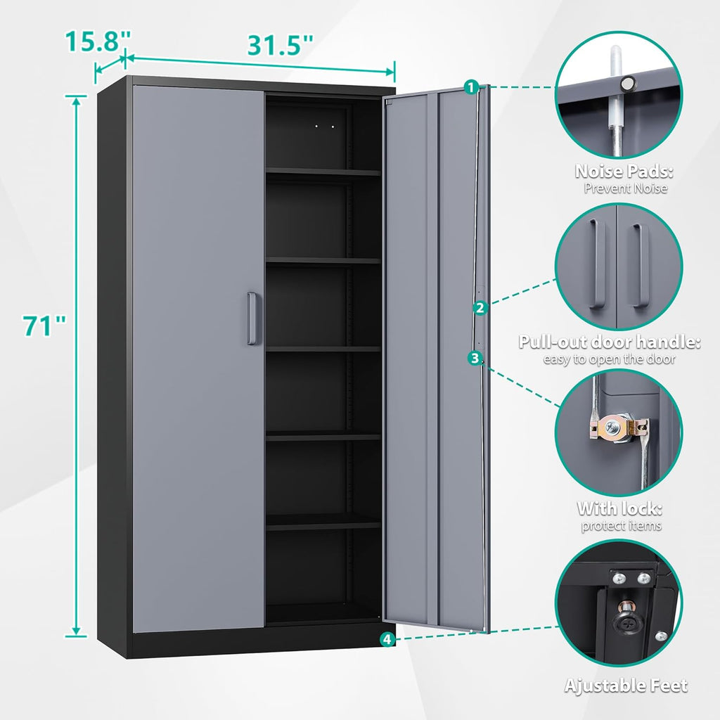 Metal Storage Cabinet with 2 Doors and 6 Shelves, Black Metal Cabinet with Lock, 71 Inch Lockable Garage Storage Cabinet wourant