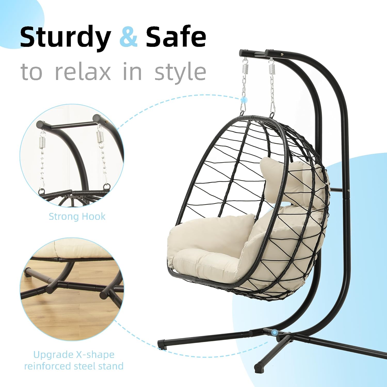 Double Egg Chair Hammock Swing Chair Foldable Hanging Loveseat UV Resistant Cushions wourant
