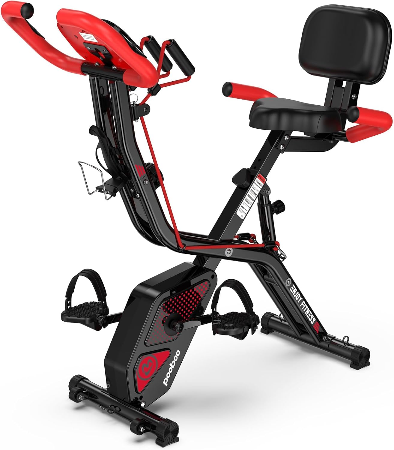 pooboo Folding Exercise Bike, Foldable Fitness Stationary Bike Machine, Upright Indoor Cycling Bike, Magnetic X-Bike with 8-Level Adjustable Resistance, Bottle Holder & Back Support Cushion for Home Gym Workout wourant