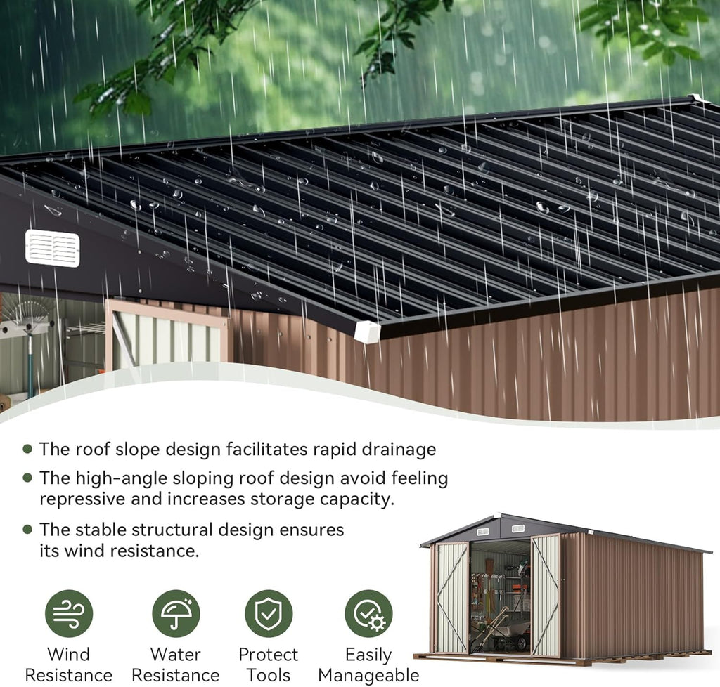 Aoxun 12x10 FT Shed Metal Outdoor Waterproof Storage Shed Steel Utility Garden Tool Shed with Door & Lock Outdoor Storage for Garden Patio Lawn Poolside, Brown wourant