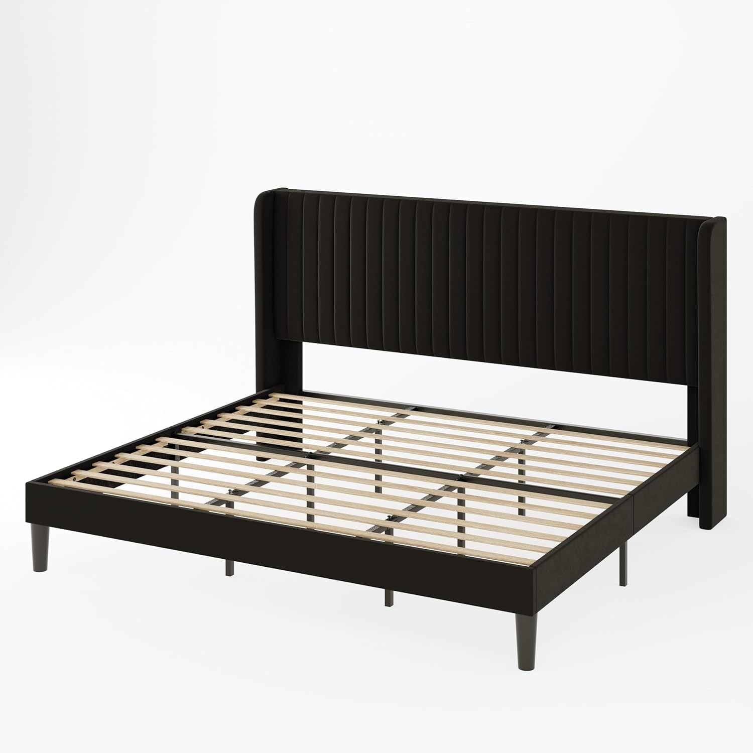 Allewie Full Size Velvet Bed Frame Vertical Channel Tufted Wingback Headboard Upholstered Bed wourant