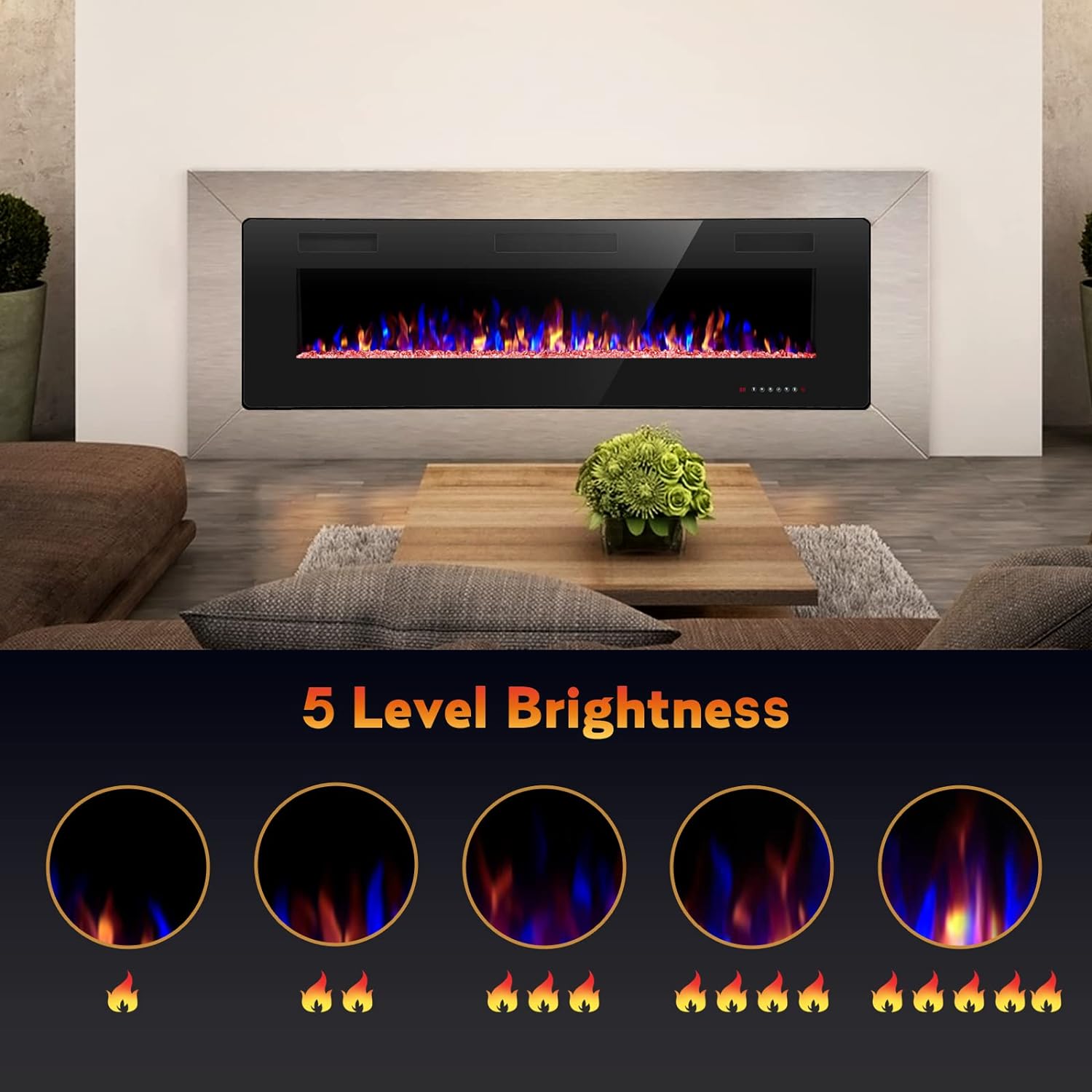 R.W.FLAME 60" Recessed and Wall Mounted Electric Fireplace, Low Noise, Fit for 2 x 6 Stud, Remote Control with Timer, Touch Screen, Adjustable Flame Color and Speed, 750-1500W wourant