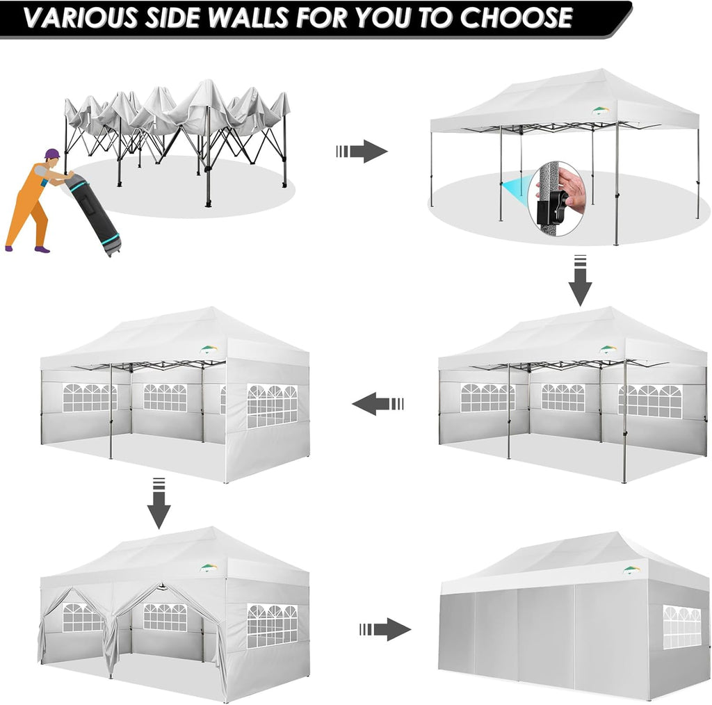 COBIZI 10x20 Heavy Duty Pop up Canopy Tent with 6 sidewalls Easy Up Commercial Outdoor Canopy Wedding Party Tents for Parties All Season Wind & Waterproof Gazebo with Roller Bag,Black(Frame Thickened) wourant
