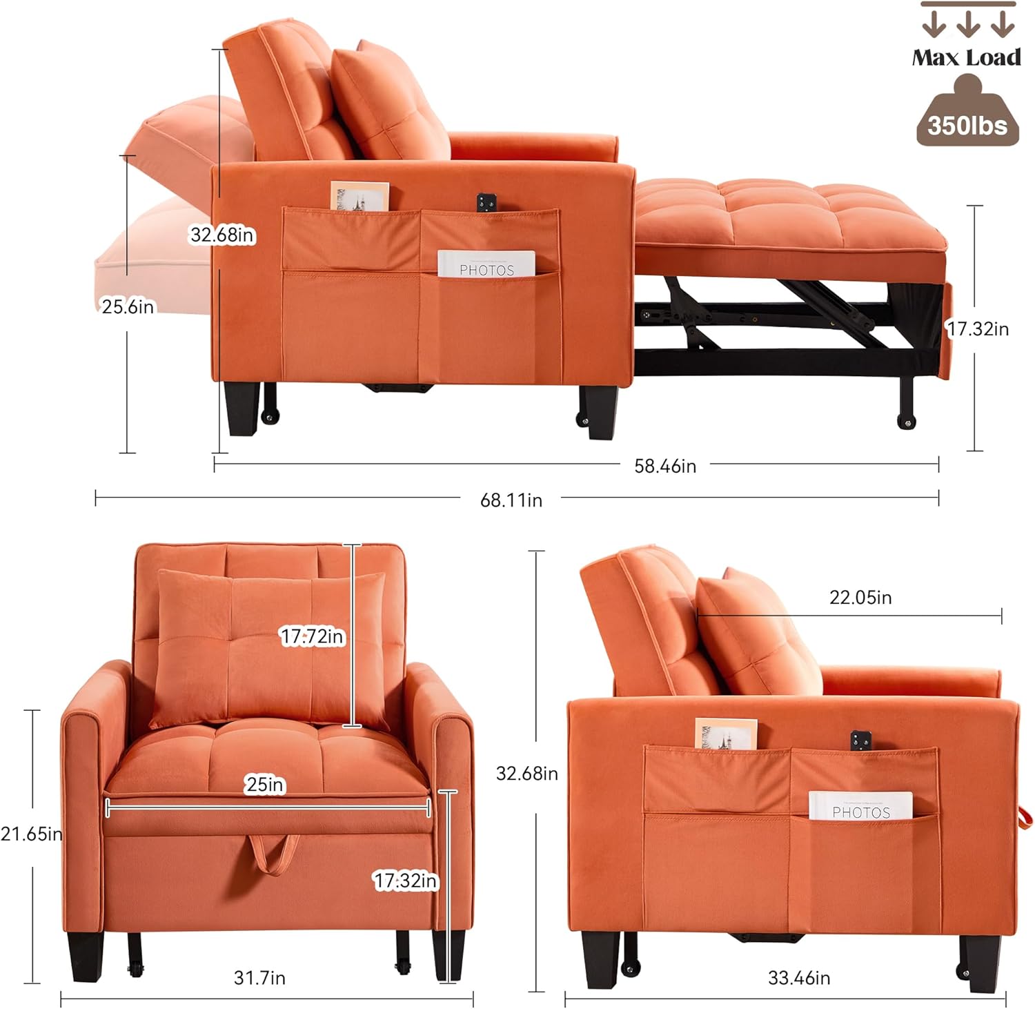 Convertible Sleeper Chair, 3 in 1 Sleeper Chair Bed Pull Out Sofa Bed Chairs, Velvet Single Sofa with Adjustable Backrest wourant