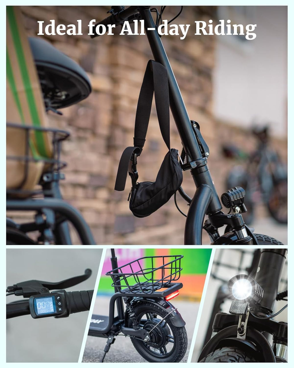 Gotrax adult electric scooter with seat, maximum range of 19-25 miles, all-terrain tires, wide pedals, padded seat, and carrycot wourant