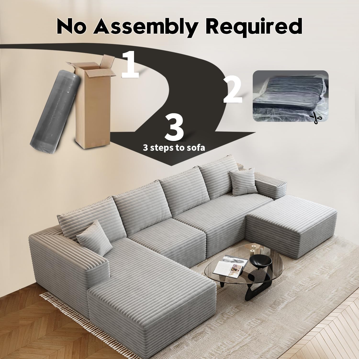 107.5 inch Cloud Modular Sectional Sofa with L-Shaped Chaise Lounge, Modern Minimalist Upholstered Sofa Deep Seating Corner Sofa wourant
