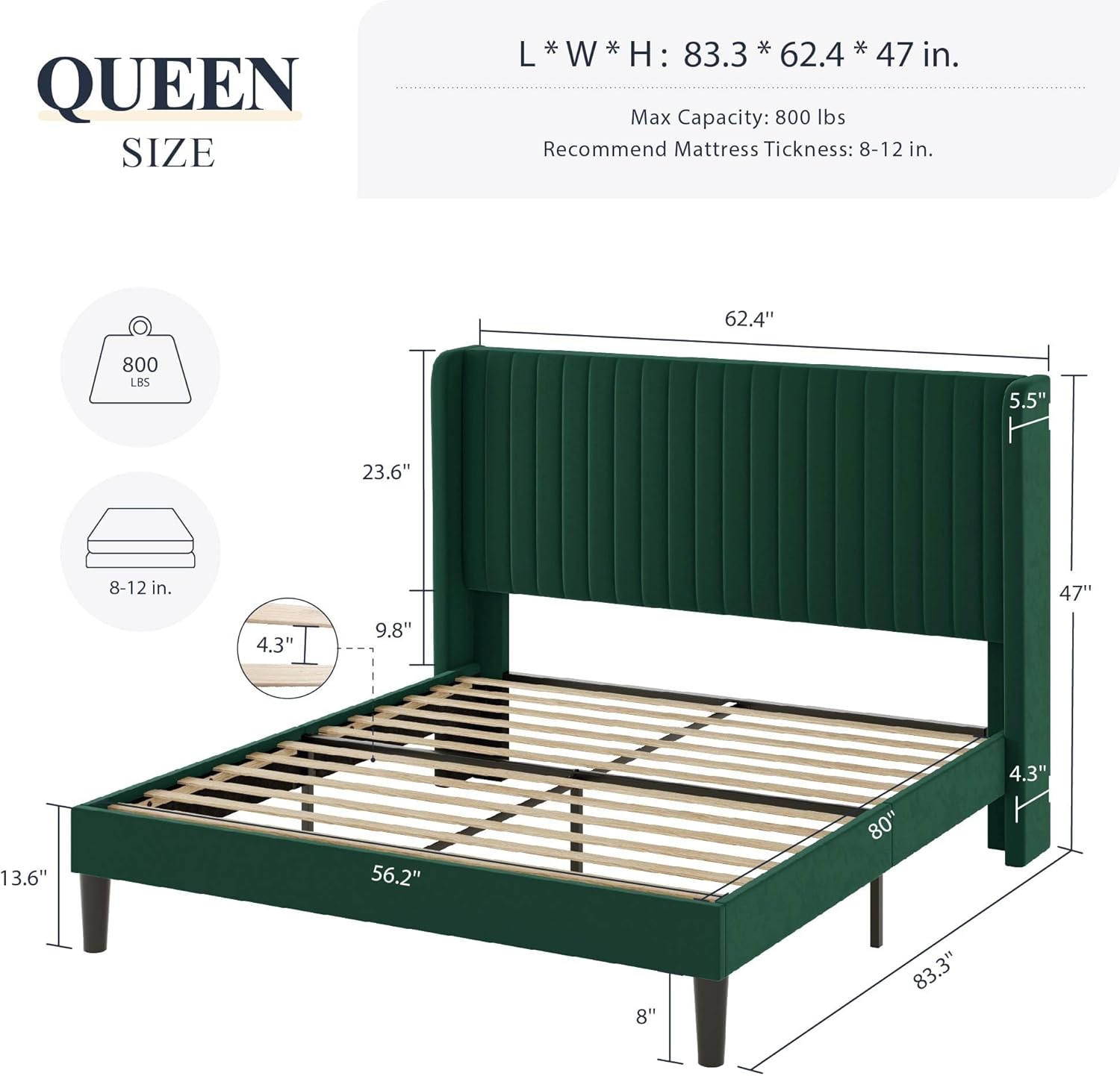 Allewie Full Size Velvet Bed Frame Vertical Channel Tufted Wingback Headboard Upholstered Bed wourant