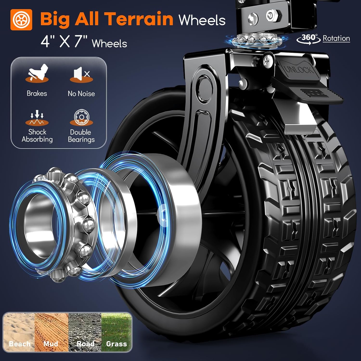 38" long foldable four-wheel stroller, foldable, 460 lb capacity, 220 liter heavy-duty folding beach stroller with large all-terrain tires wourant