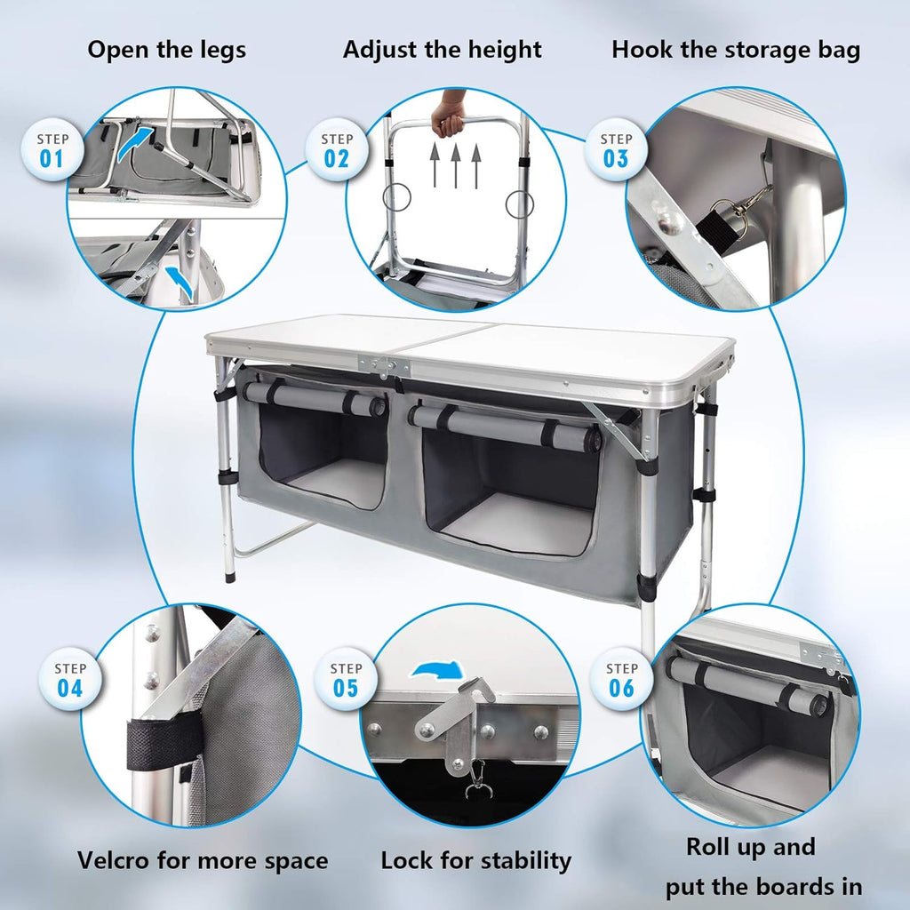 Outdoor Folding Table Aluminum Lightweight Height Adjustable with Storage Organizer for BBQ, Party, Camping wourant