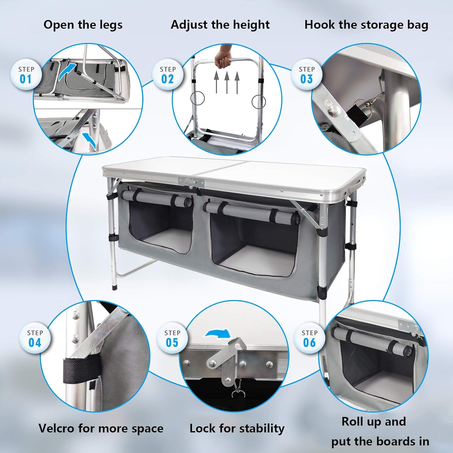Outdoor Folding Table Aluminum Lightweight Height Adjustable with Storage Organizer for BBQ, Party, Camping wourant