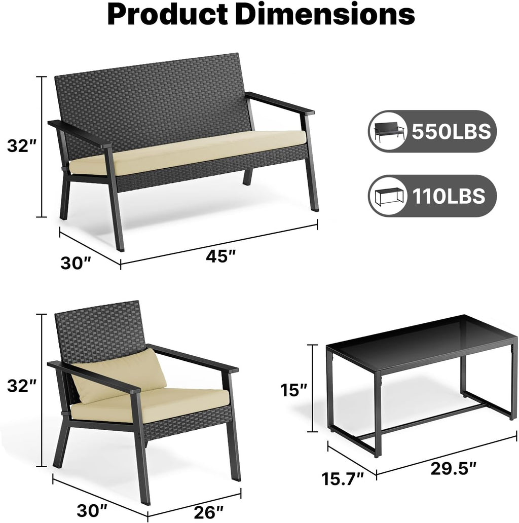 Ahomly 4-Piece Outdoor Wicker Patio Furniture Set with Deep Seating Cushions and Table for Balcony, Backyard, and Porch (Gray) wourant