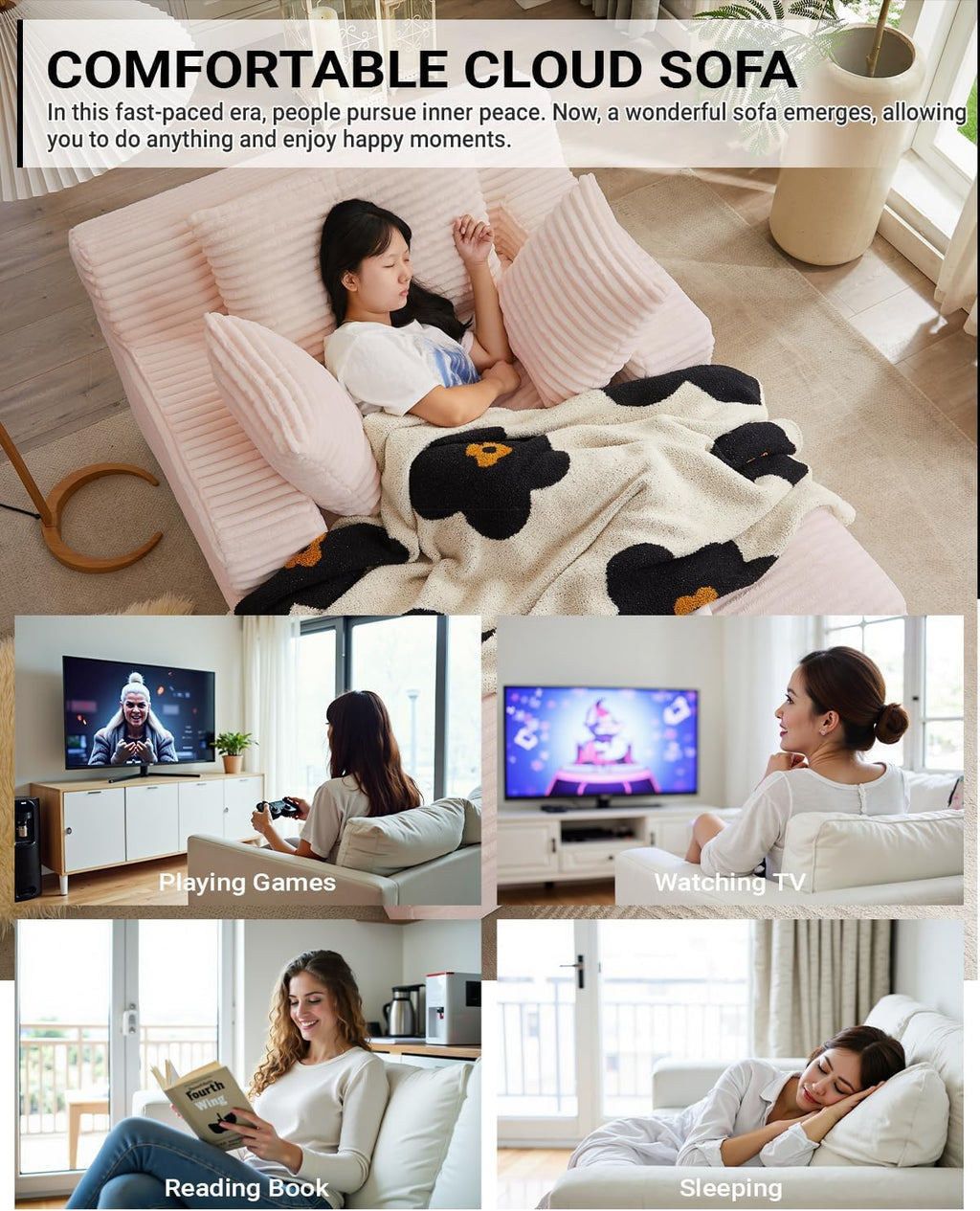50-inch indoor recliner, oversized corduroy upholstered boneless sofa bed, deep sleeper sofa reading chair, cloud sofa, living room sofa wourant