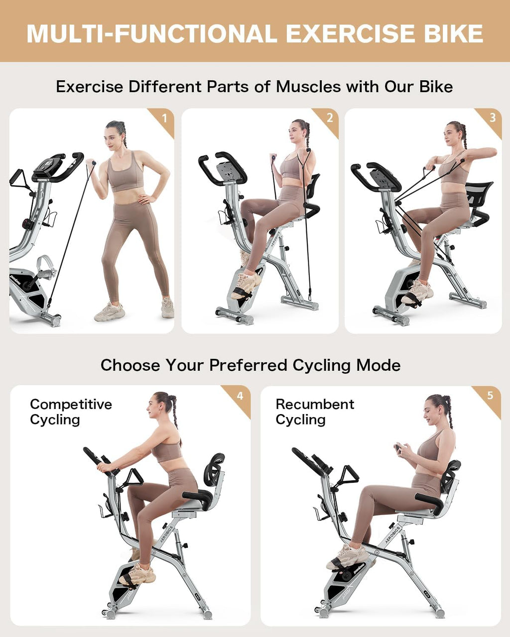 pooboo Folding Exercise Bike, Foldable Fitness Stationary Bike Machine, Upright Indoor Cycling Bike, Magnetic X-Bike with 8-Level Adjustable Resistance, Bottle Holder & Back Support Cushion for Home Gym Workout wourant