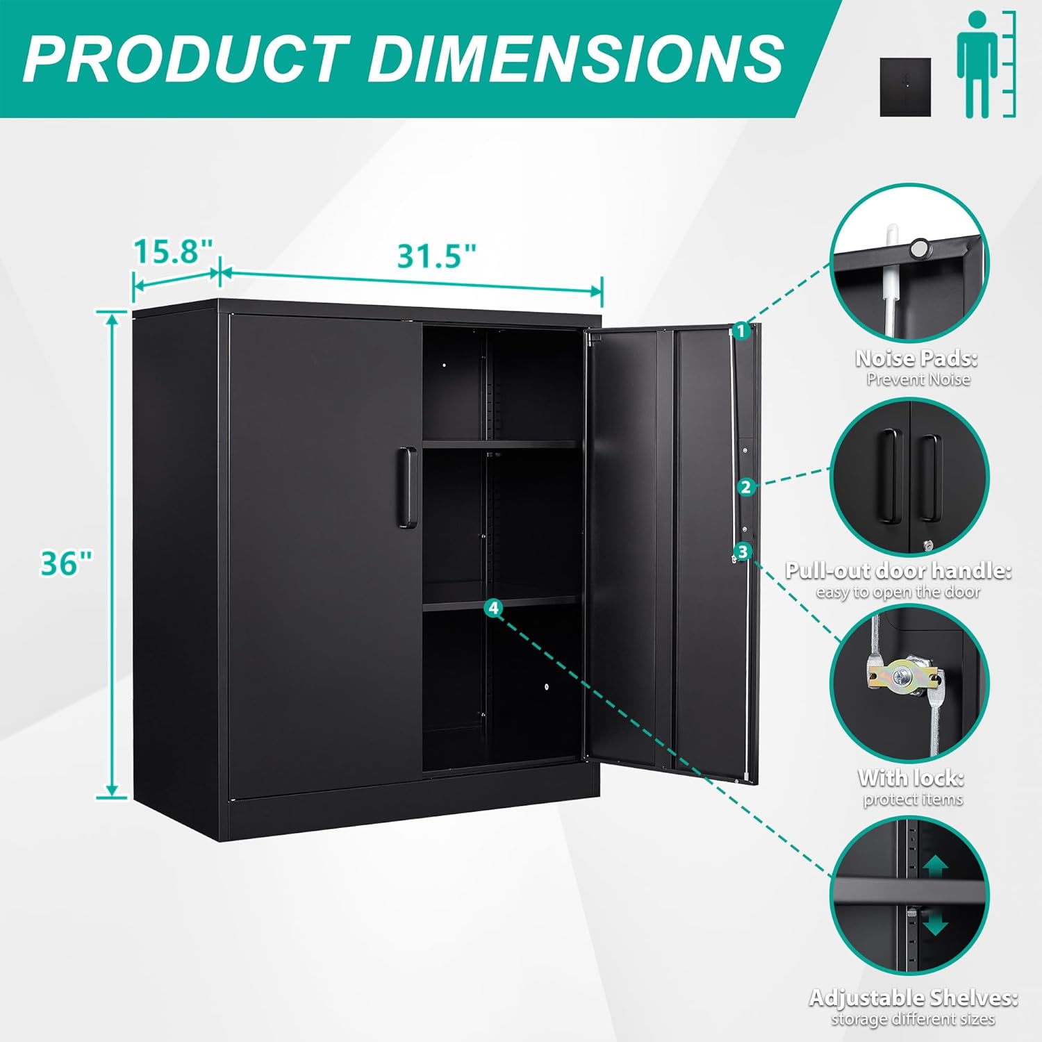 Metal Storage Cabinet with 2 Doors and 6 Shelves, Black Metal Cabinet with Lock, 71 Inch Lockable Garage Storage Cabinet wourant