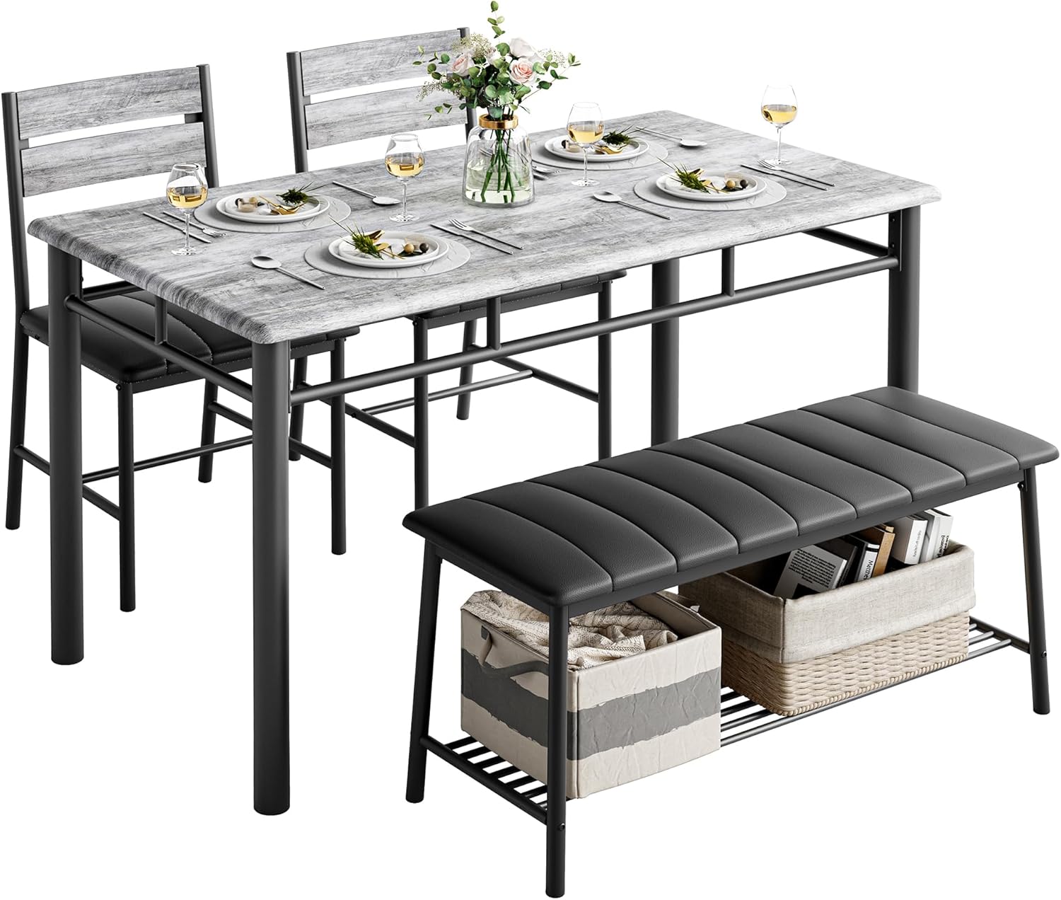IRONCK Dining Table Set for 4 Kitchen Table with Upholstered Bench Kitchen Table and Chairs Set wourant