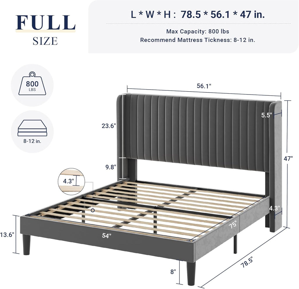 Allewie Full Size Velvet Bed Frame Vertical Channel Tufted Wingback Headboard Upholstered Bed wourant