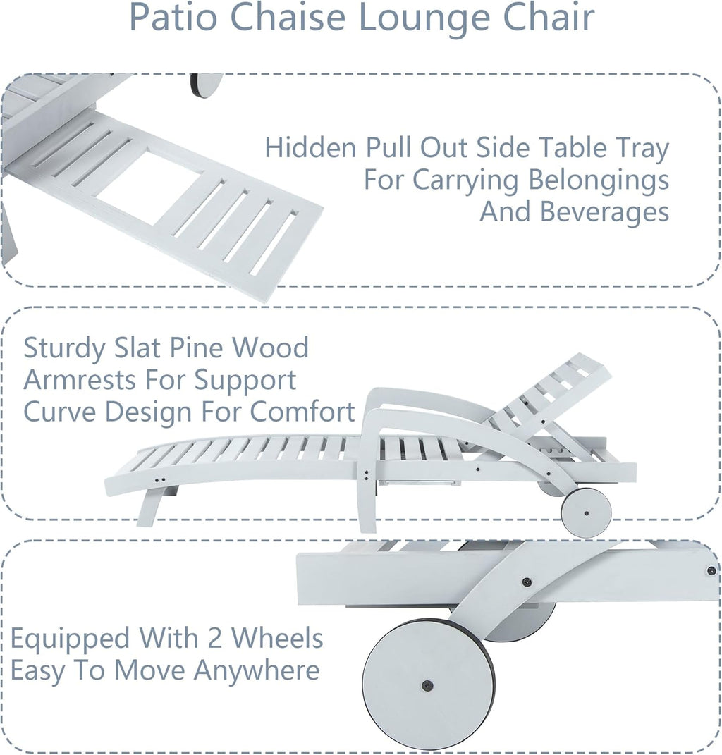 Pool Chaise Lounge Chairs Set of 4 5-Position Adjustable Outdoor Patio Lounge Chairs Wood Reclining Chaise Lounger Chair with Pullout Side Table wourant