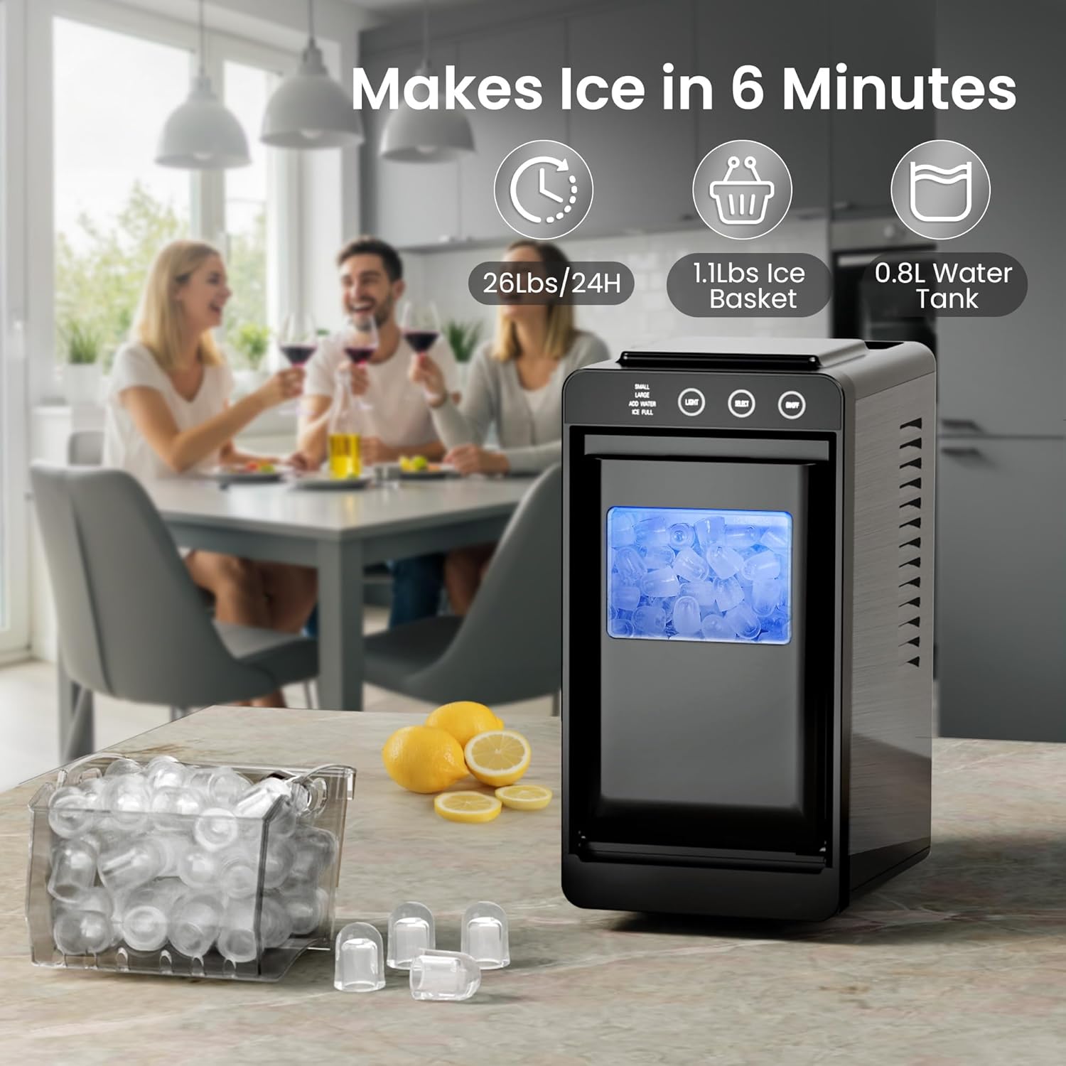 Kismile Ice Makers Countertop,26lbs in 24Hrs, Portable Ice Maker Machine with Self-Cleaning Function,Selectable Ice Size & Internal Lighting Desigh for Home/Kitchen/Bar woonhhop