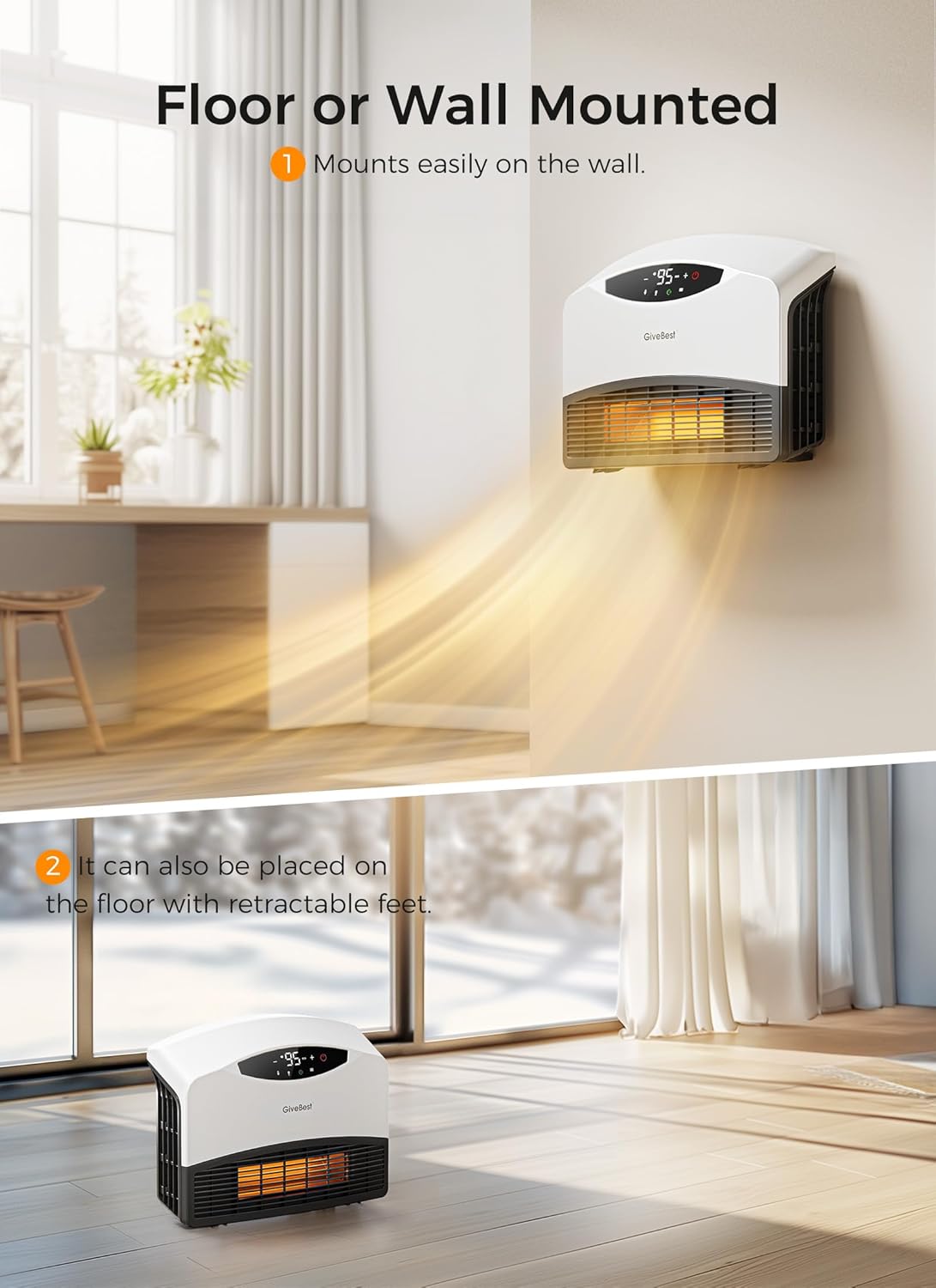 Wall mounted electric heater with WiFi and remote control, floor standing heater 1500W fast coverage for large rooms wourant