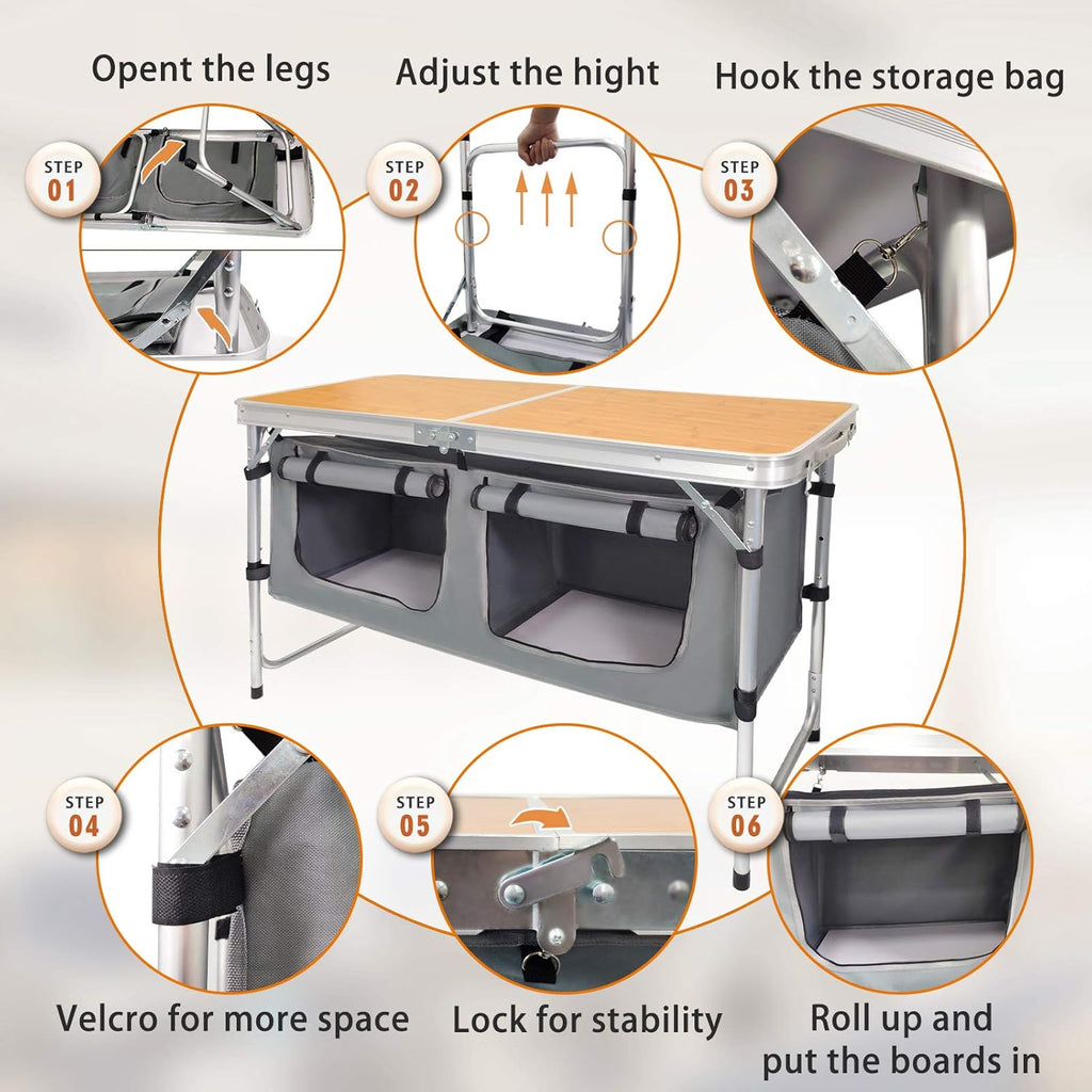 Outdoor Folding Table Aluminum Lightweight Height Adjustable with Storage Organizer for BBQ, Party, Camping wourant