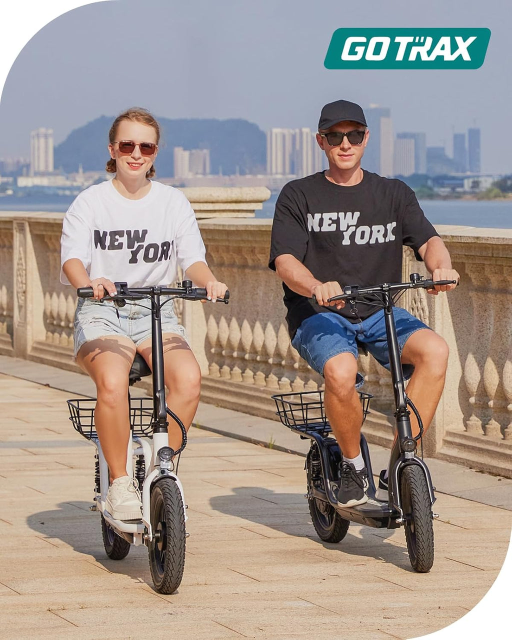 Gotrax adult electric scooter with seat, maximum range of 19-25 miles, all-terrain tires, wide pedals, padded seat, and carrycot wourant
