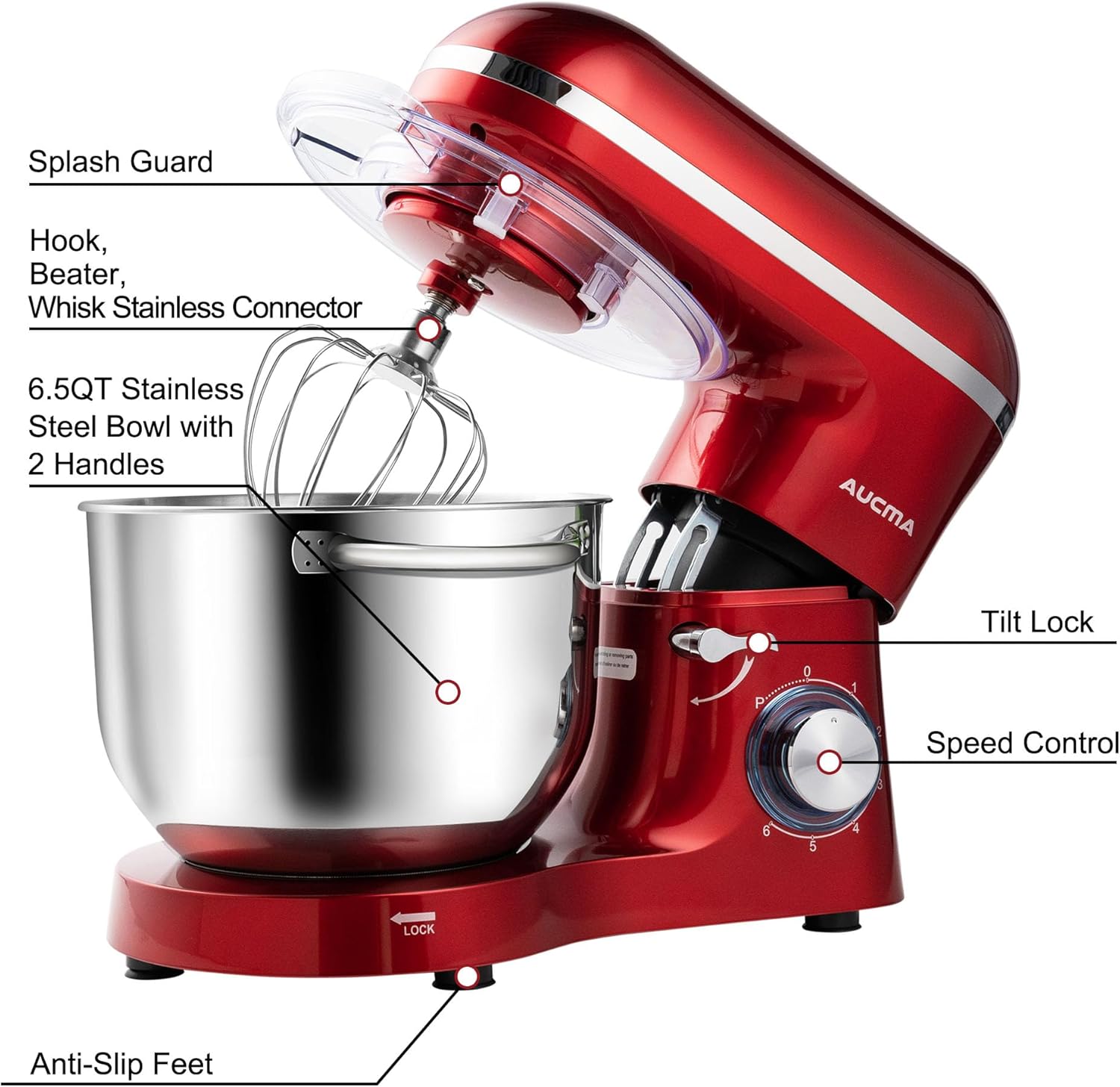 Aucma Stand Mixer,6.5-QT 660W 6-Speed Tilt-Head Food Mixer, Kitchen Electric Mixer with Dough Hook wourant