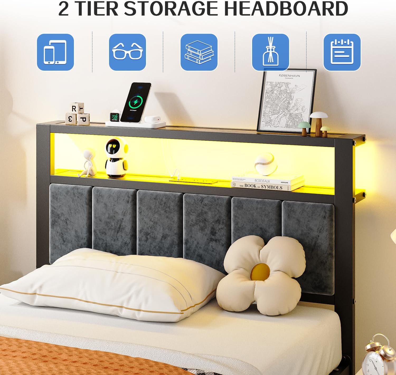 Queen Size Bed Frame with 2-Tier Storage Shelves Headboard Platform Bed Charging Station wourant