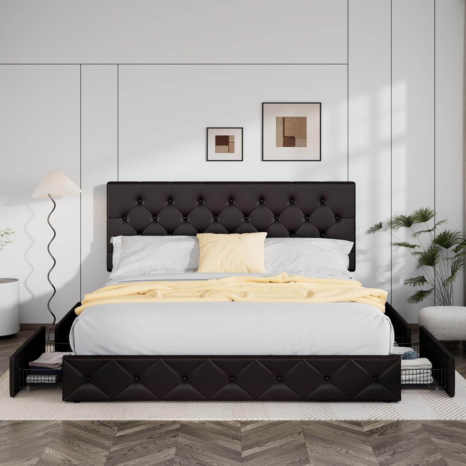 Allewie Upholstered Queen Size Platform Bed Frame with 4 Storage Drawers and Headboard wourant