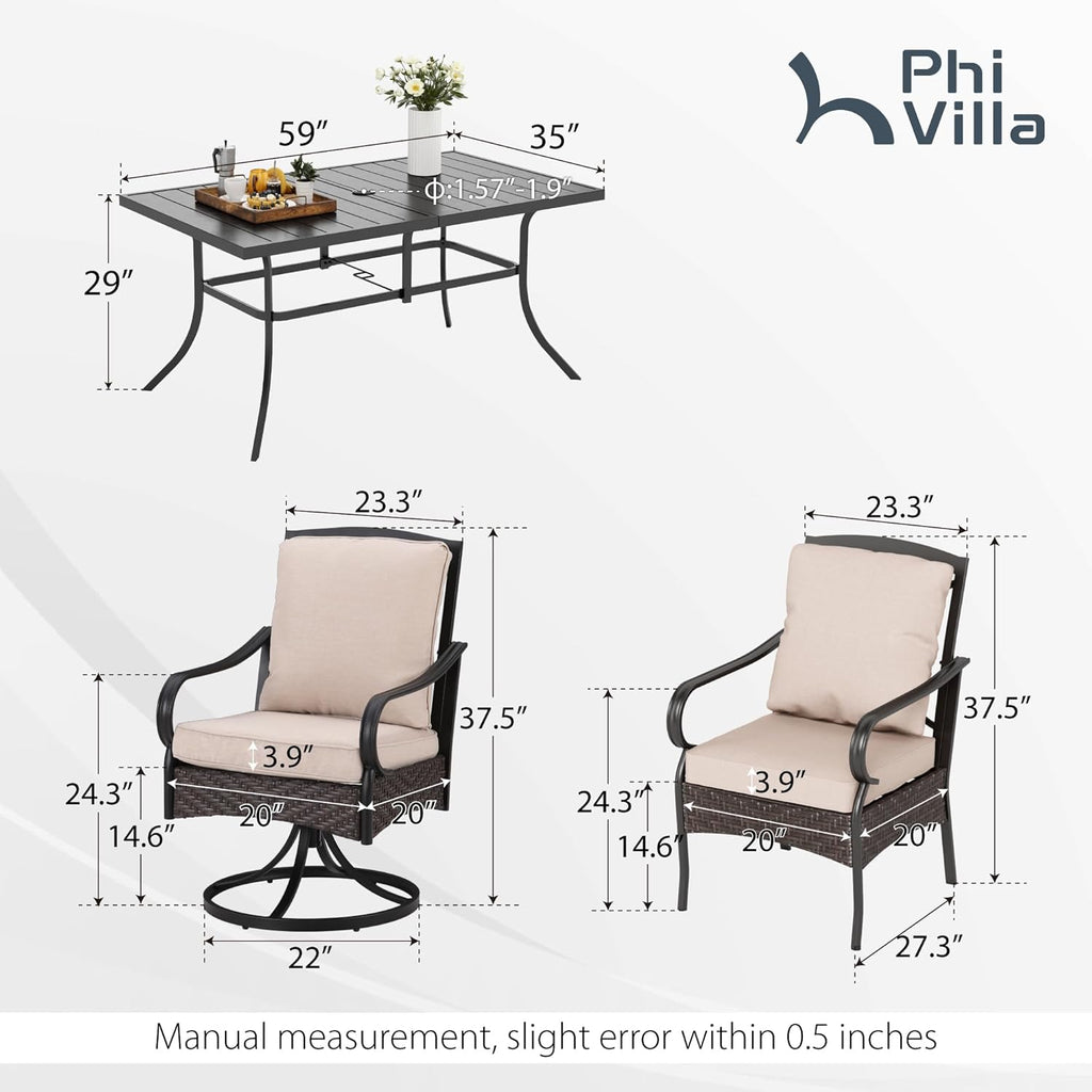 PHI VILLA 6-Piece Outdoor Dining Sets, All-Weather Patio Table and Chairs Set with Umbrella for 4, Heavy Duty Patio Round Table Set for Deck, 4 Extra Large Outdoor Swivel Chairs with Thick Cushions wourant