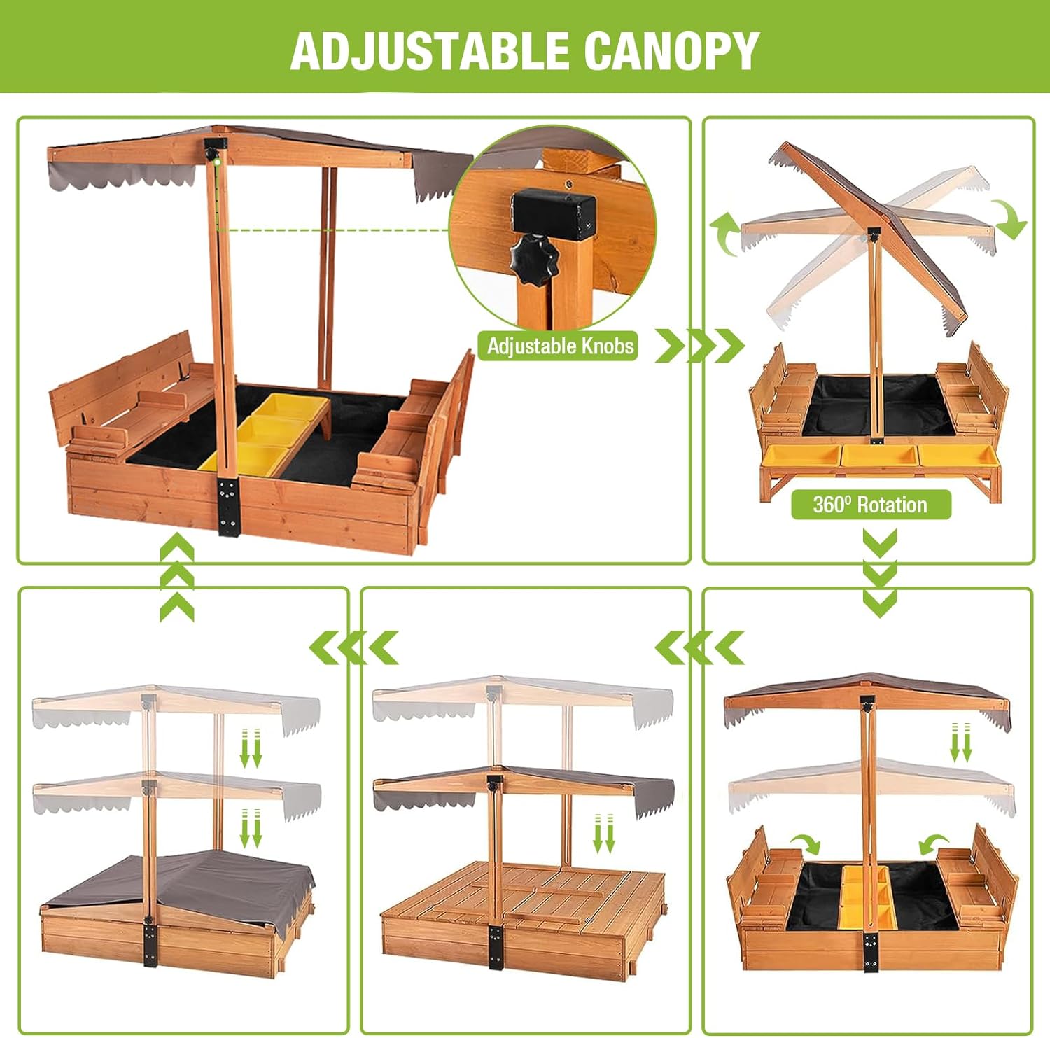 Kids Wooden Outdoor Sandbox w/Canopy, 2 Foldable Bench Seats, Retractable Roof Sand Protection Liner 47x47-Inch wourant